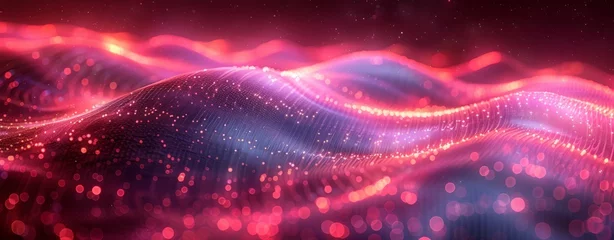 Zelfklevend Fotobehang Illustration of a digital landscape with flowing red and blue waves dotted with glowing particles © ProductionK