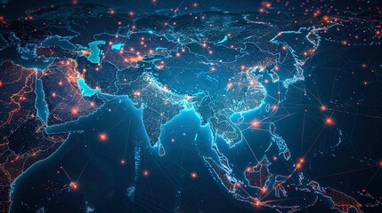 Illuminating the world's connections: A digital network spans Asia! - obrazy, fototapety, plakaty