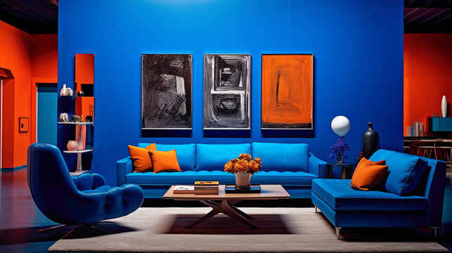 A vibrant cobalt blue wall with a matte finish, adding a pop of color and energy to the space.
