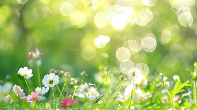 Dreamy field of wildflowers caught in the soft glow of golden hour sunlight, creating a bokeh effect that exudes calm and beauty.
