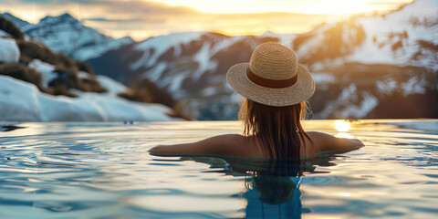 Summer winter holiday concept. Young woman from a back in a straw hat sitting in a swimming pool water enjoying a view of landscape nature snowy mountains. Luxury rest relaxing travel on vacation