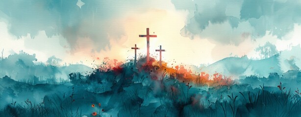 This image depicts a serene scene with two crosses on a hill, interpreted in vibrant watercolor strokes against a cloudy sky - obrazy, fototapety, plakaty