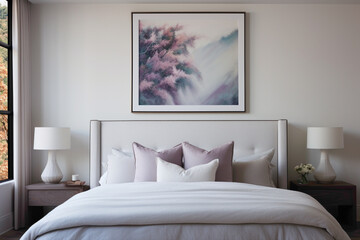 A tranquil bedroom setting with a white empty frame as the focal point, surrounded by hints of vivid hues in the decor.