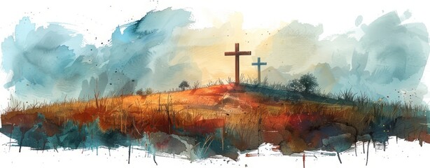 This image depicts a serene scene with two crosses on a hill, interpreted in vibrant watercolor strokes against a cloudy sky