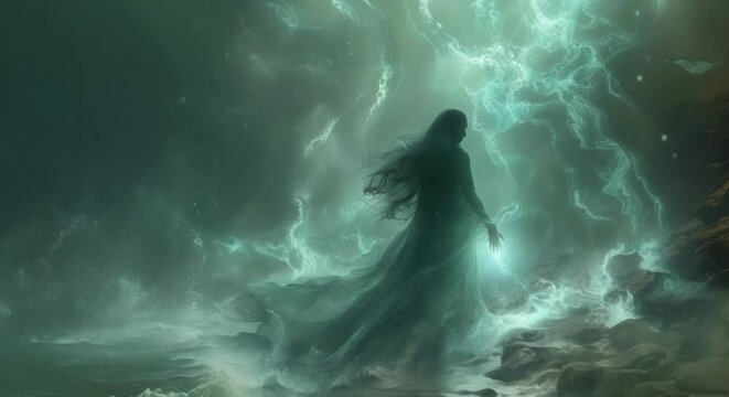 Underwater sorceress casting spells in an aquatic kingdom