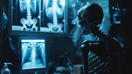 A creative composition of a human skeleton seeming to examine its own anatomy through X-ray images in a dimly lit setting. - Powered by Adobe