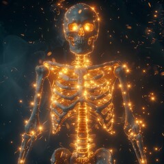 Radiant 3D illustration of a healthy human skeleton glowing against a dark backdrop