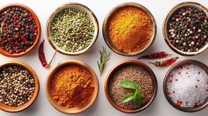 Top view of numerous types of spices presented in tiny wooden bowls against a white background and space for text, Generative AI.