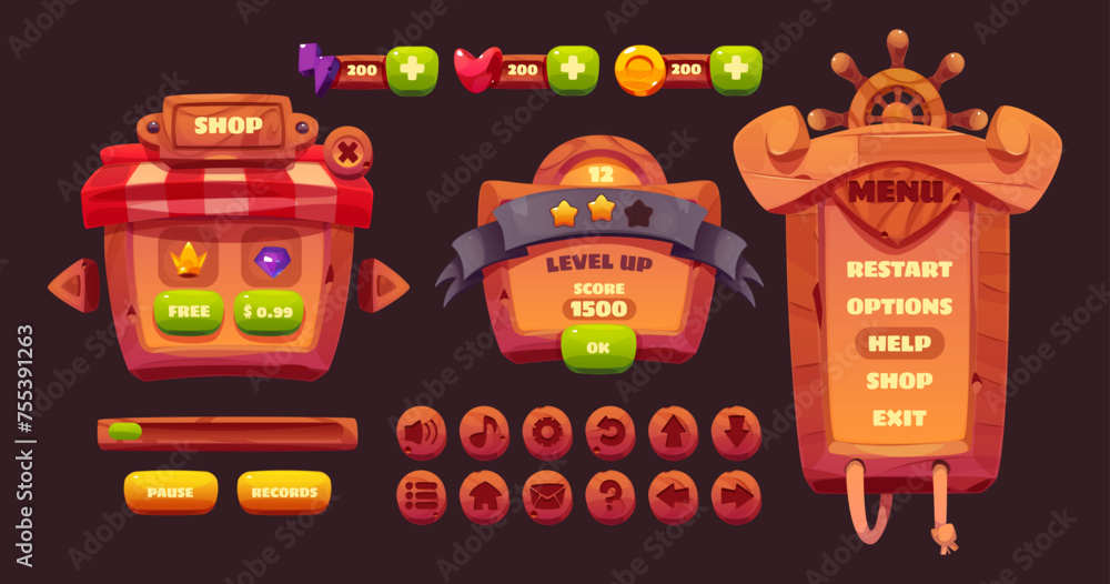 Poster pirate game ui design elements - cartoon vector wooden plates for menu with steering wheel, shop and
