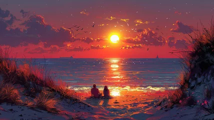 Foto op Canvas Painting romantic couple sitting on beach at sunset © visual artstock