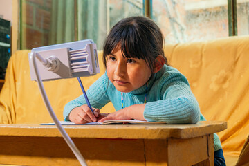 orphaned latina girl doing school homework at home with cell phone - education concept