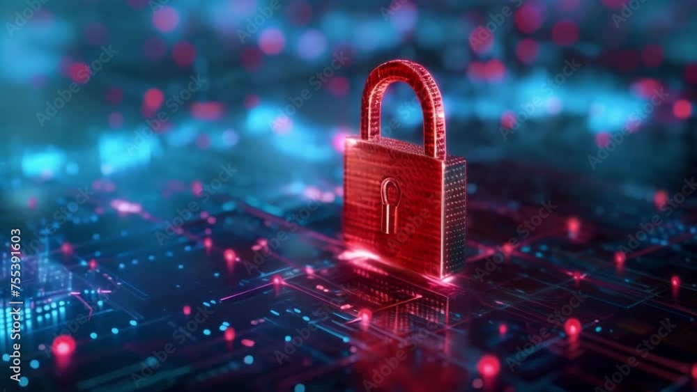 Poster a hologram of a digital padlock symbolizing the secure authorization process for financial transacti