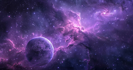 A detailed planet in the foreground of a vibrant purple nebula, scattered with distant stars, creating a captivating cosmic scene.