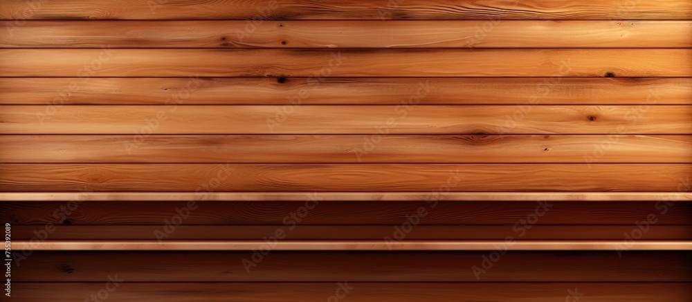 Poster a detailed view of a wooden shelf in a room, showcasing the texture and patterns of the wood. the sh