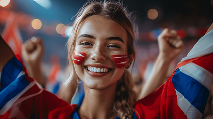 Female Sports Fan Celebrating with Face Paint and Flag - obrazy, fototapety, plakaty