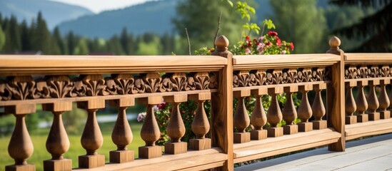 A detailed view of a wooden fence on a terrace adorned with colorful flowers. The fence is in focus with green landscape in the background.