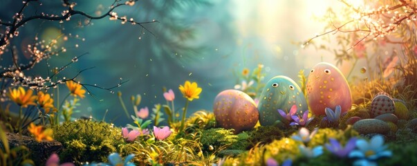 Obraz na płótnie Canvas Vibrant Easter eggs nestled in spring foliage