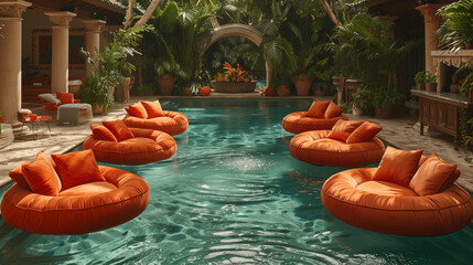 Luxurious Tropical Indoor Pool with Relaxing Orange Beanbag Floats