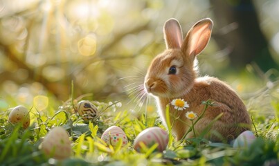 Fototapeta na wymiar Cute rabbit surrounded by Easter eggs in grass