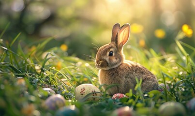 Cute rabbit surrounded by Easter eggs in grass