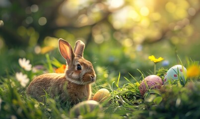 Fototapeta na wymiar Cute rabbit surrounded by Easter eggs in grass