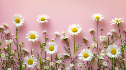 Fototapeta premium White daisy chamomile flowers on pink background, generative ai