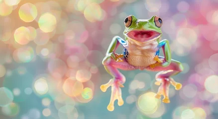 Foto op Canvas photo of a happy laughing green tree frog jumping, with a pastel rainbow colored background © Kien