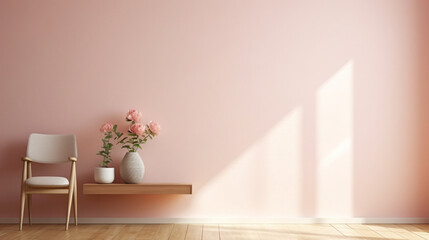 A sunlit blush pink wall, conveying a subtle and elegant charm in its pure and uncluttered form.