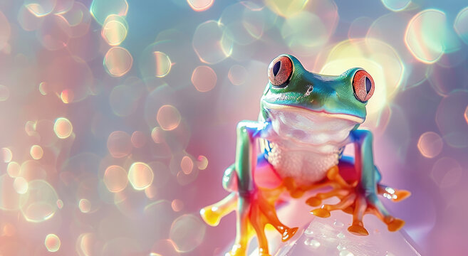 photo of a happy laughing green tree frog jumping, with a pastel rainbow colored background