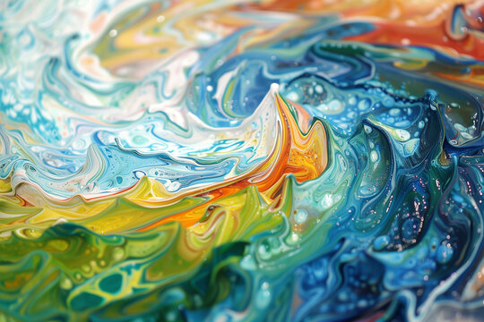 A painting of a wave with a yellow and blue background. The painting has a lot of movement and seems to be abstract