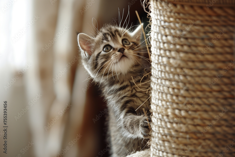 Poster a kitten is peeking out from behind a scratching post. the kitten is looking at the camera with a cu