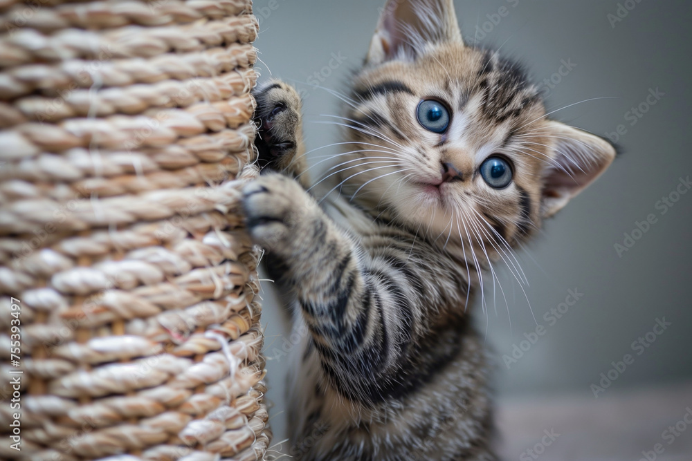 Poster a kitten is peeking out from behind a scratching post. the kitten is looking at the camera with a cu