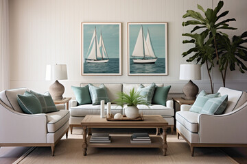 A summer-inspired living room adorned with seafoam greens and navy blues, where comfortable furnishings and coastal decor seamlessly merge to create a modern nautical haven
