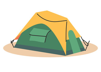 The camping tent is green in color with a yellow roof and windows. A Tourist Tent. The concept of travel, ecotourism, hiking in the mountains. Vector illustration.