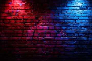 A brick wall with red and blue lights shining on it