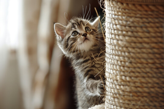 A kitten is peeking out from behind a scratching post. The kitten is looking at the camera with a curious expression