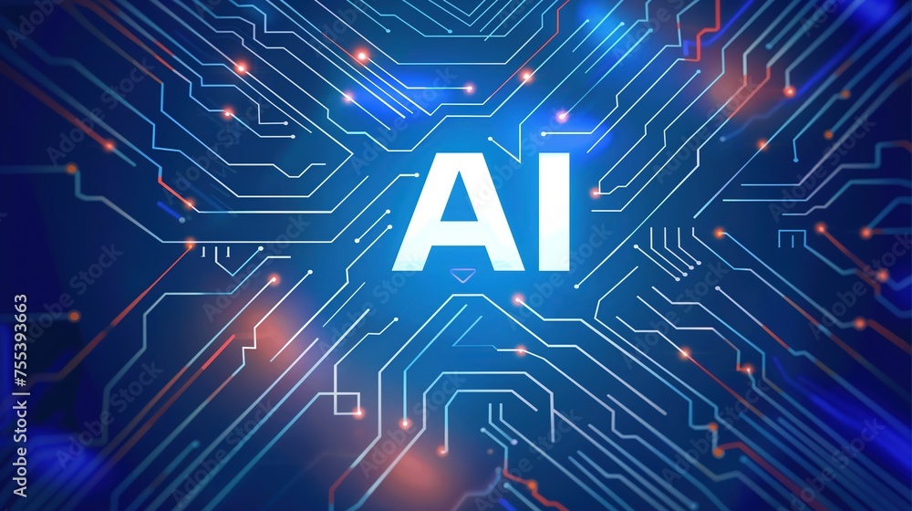Poster futuristic ai: powering innovation and digital intelligence on a circuit board with glowing microchi