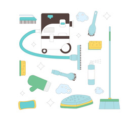 Housekeeping tools set. Cleaning home items and equipment. Vacuum, gloves and brushes with bucket bottles. Vector illustration.