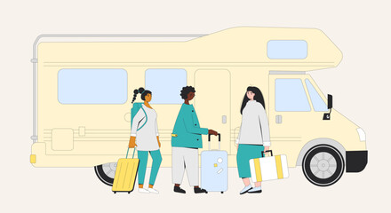 Road trip vacation. Friends travelling by caravan rv. Tree students standing with camper trailer. Summer holiday journey. Vector flat illustration