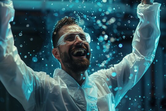 A man in a lab coat is smiling and splashing water