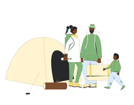 Family travel tourists camping set isolated on white background. Hiking characters vacation picnic. Expedition with people. Mother, father and son standing near tent. Vector flat illustration