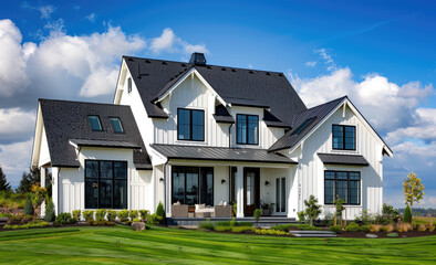 an elegant white modern farmhouse with black accents, nestled in the Pacific Northwest landscape. The house has large windows and traditional shutters on both side walls, overlooking lush green grass
