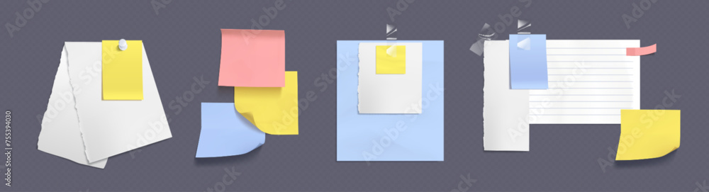 Poster memo note paper sheets attached with adhesive tape and pins. white and colorful notepad pages and st