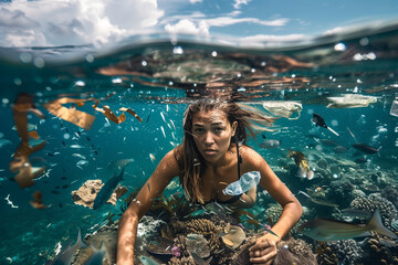 A woman is swimming in the ocean with a lot of fish around her. The water is murky and there is trash floating around her - obrazy, fototapety, plakaty