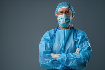 Fototapeta na wymiar A man in a blue hospital gown and a mask stands with his arms crossed
