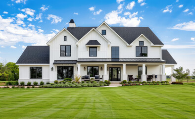 an elegant white modern farmhouse with black accents, nestled in the Pacific Northwest landscape. The house has large windows and traditional shutters on both side walls, overlooking lush green grass