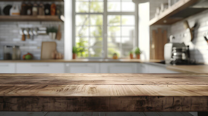 Empty wooden countertop with blurred modern kitchen background lit by natural light through window panes.