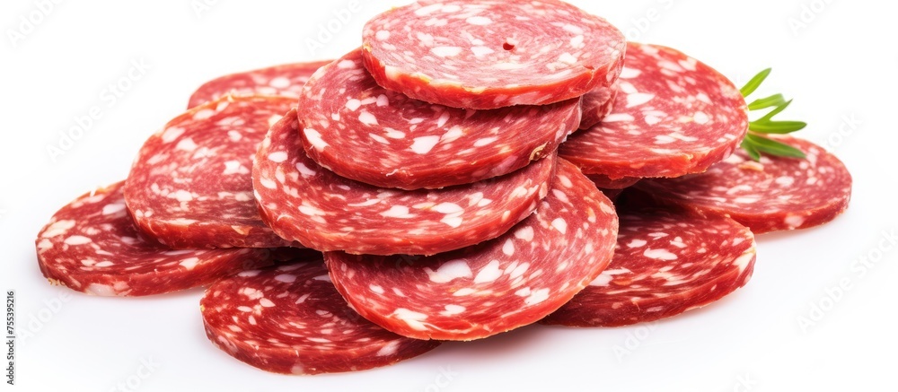 Poster a collection of salami slices neatly stacked on top of each other, creating a pile on a plain white 