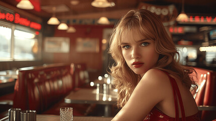 Young Woman with Blond Hair in Retro Diner