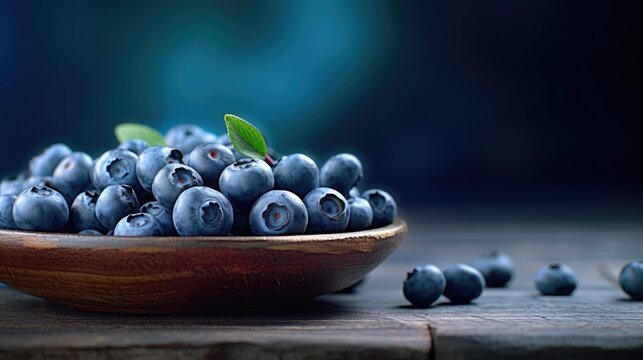 Fresh blueberries in a wooden bowl on a black wooden table.